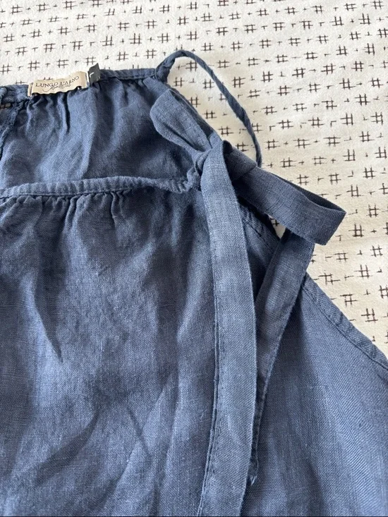 Lungo L’Arno Spaghetti-Strap Sundress, 100% linen, navy, bow on neck, size L - Picture 5 of 7